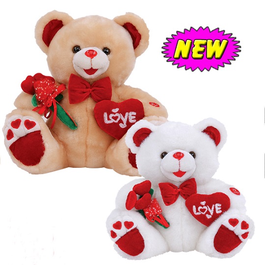 Cute Valentines Day Teddy Bear With Flower Heart Stuffed Push Toys